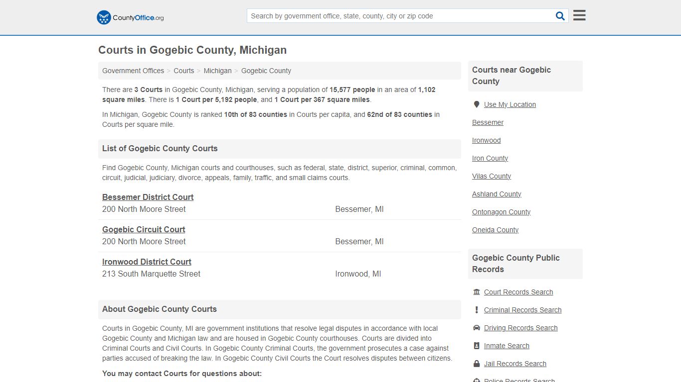 Courts - Gogebic County, MI (Court Records & Calendars)